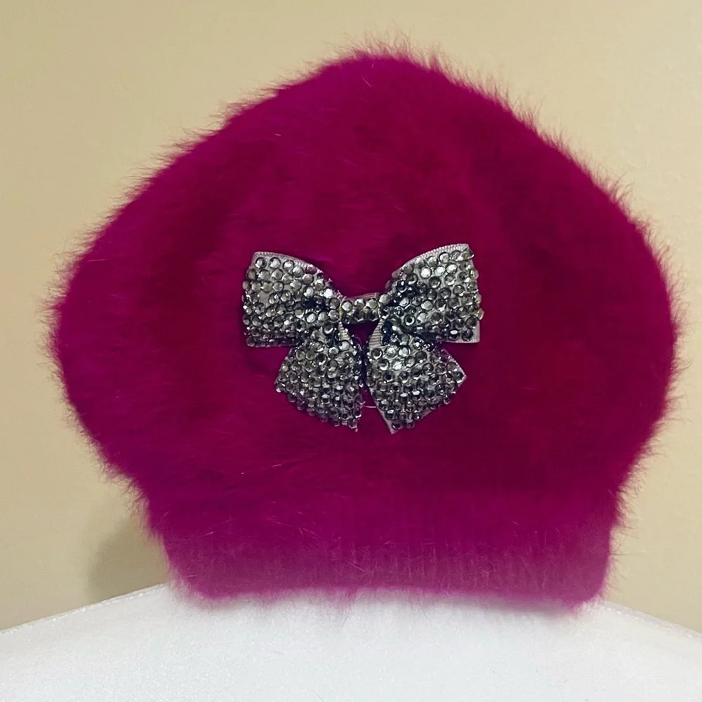Raspberry Angora Beret with Rhinestone Bow - Picture 1 of 3